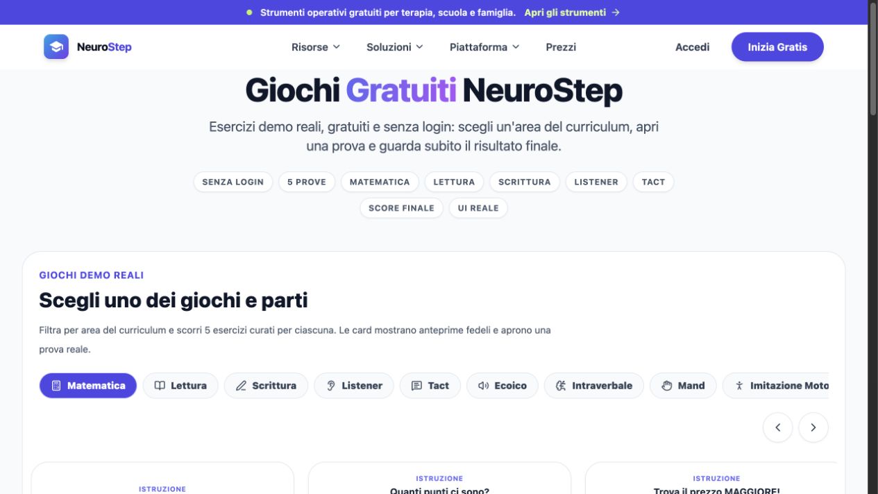 Catalogo reale dei giochi e delle aree curriculum NeuroStep